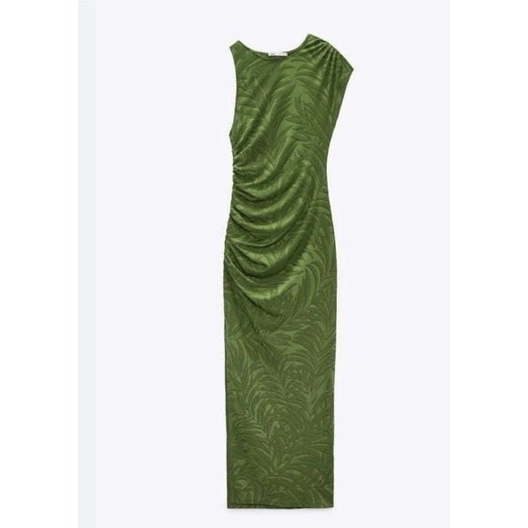 Zara Dresses & Skirts - Zara Green Palm Leaves  Long Sleeve Ruched Side Tubular Midi Dress Sz Med